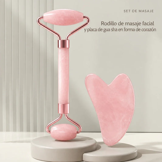 Set de rodillo facial y gua sha de resina rosa