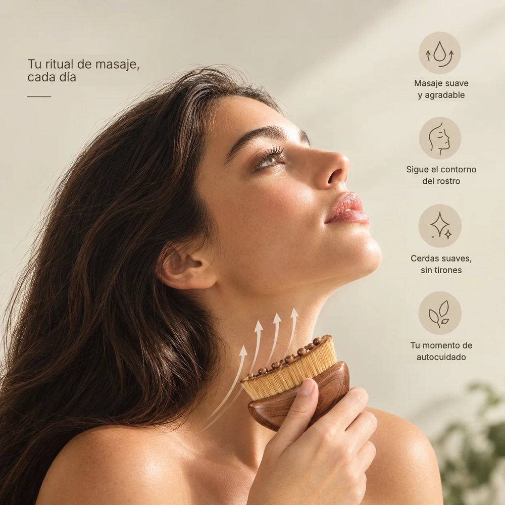 Mujer usando el cepillo facial en la mandíbula y el cuello
