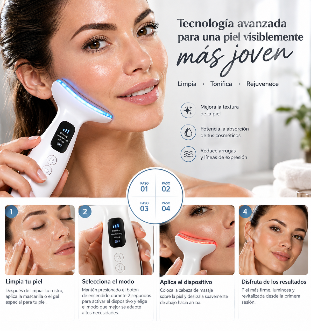 Masajeador Antiedad de Cuello con LED · Lifting, Calor 45° y 7 Modos