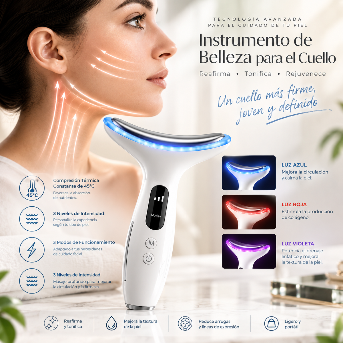 Masajeador Antiedad de Cuello con LED · Lifting, Calor 45° y 7 Modos