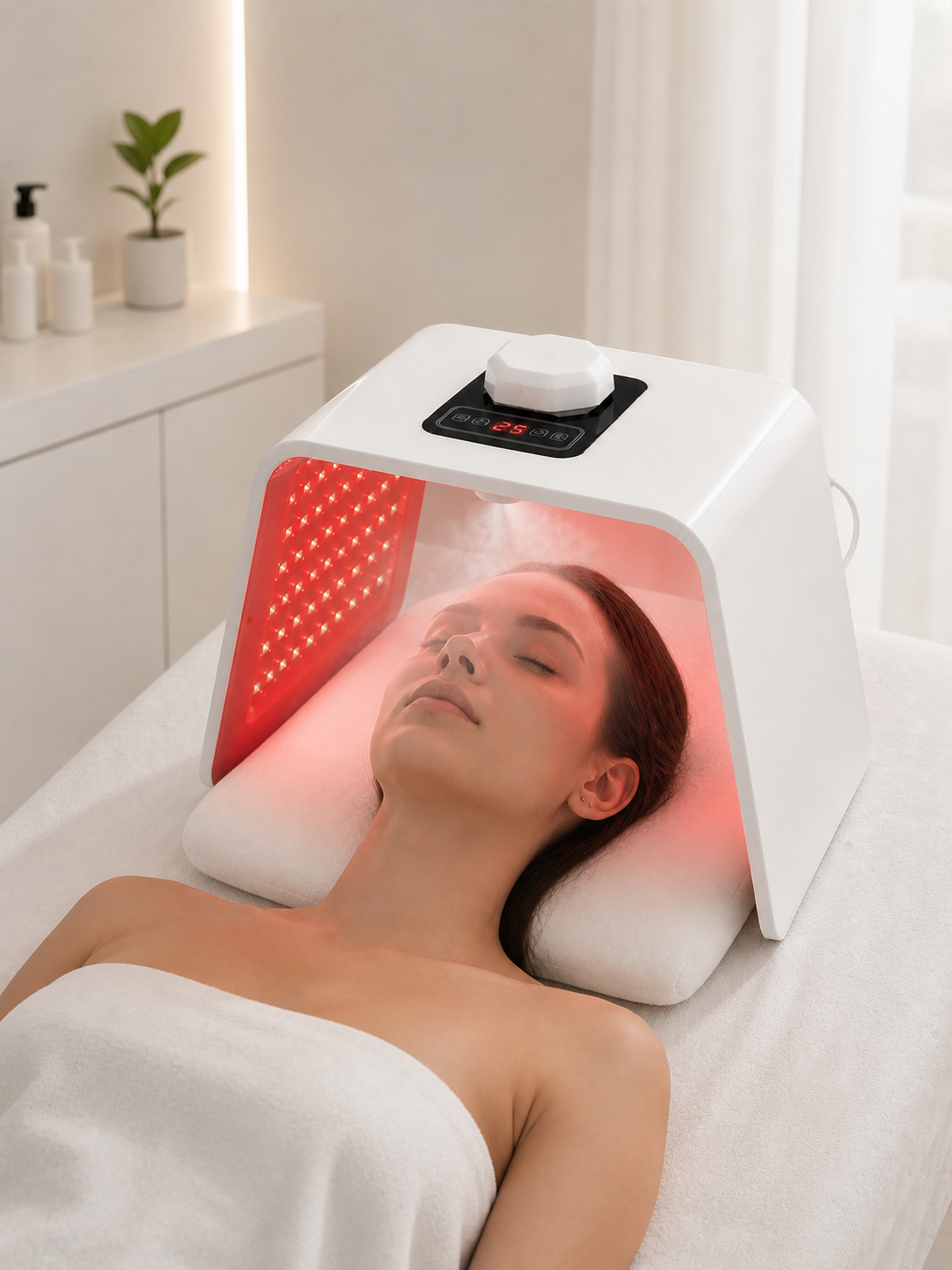 Mujer usando la mascarilla LED plegable con luz roja y nano spray