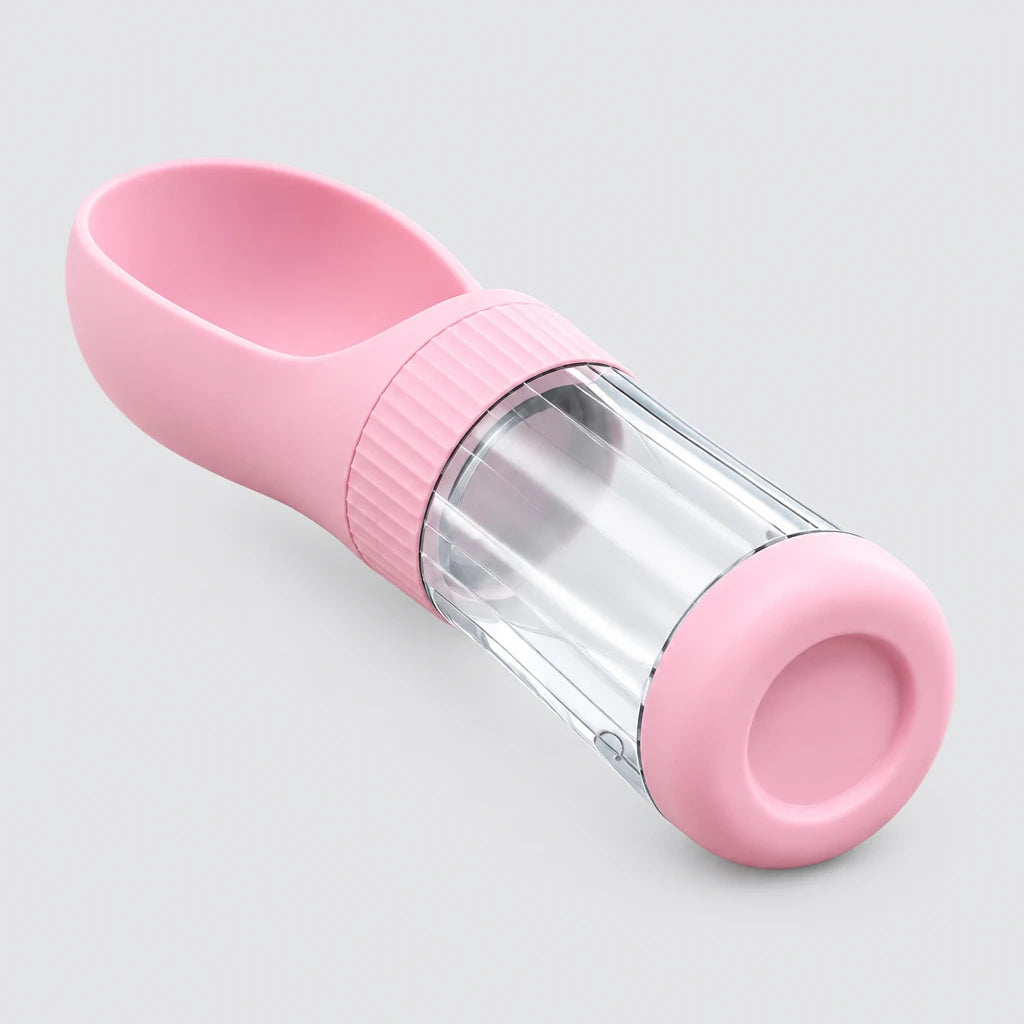 botella de agua portátil rosa para perros con dispensador plegable
