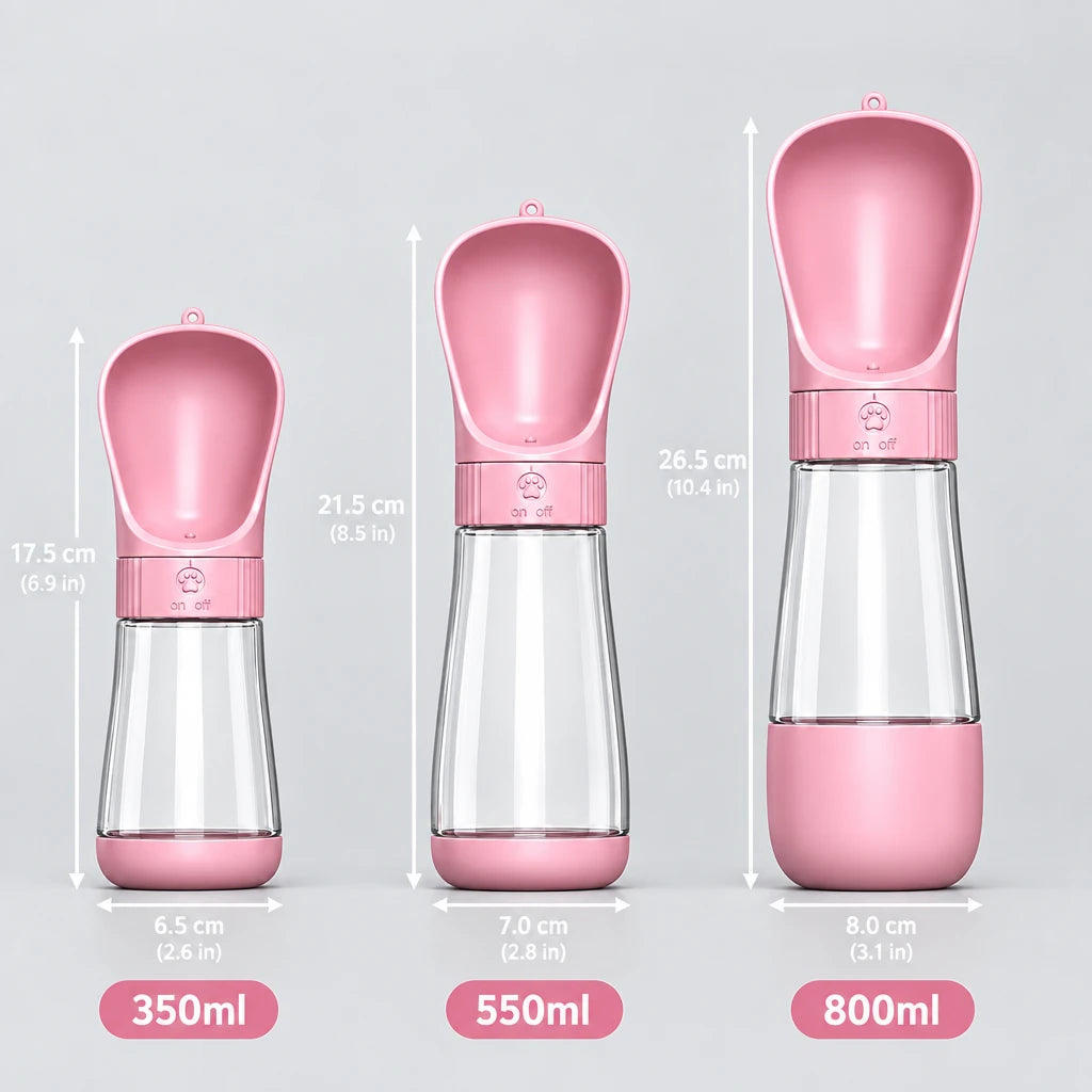 tres tamaños de botellas de colores rosa para perros 