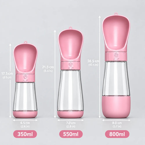 tres tamaños de botellas de colores rosa para perros 