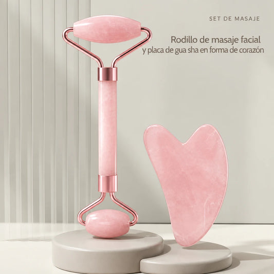 Set de rodillo facial y gua sha de resina rosa