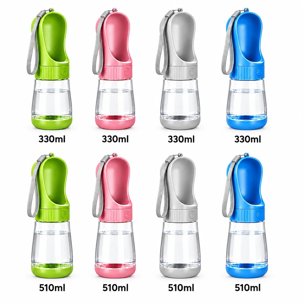 Botella para perros en verde, rosa, blanco y azul, disponible en 330 y 510 mililitros