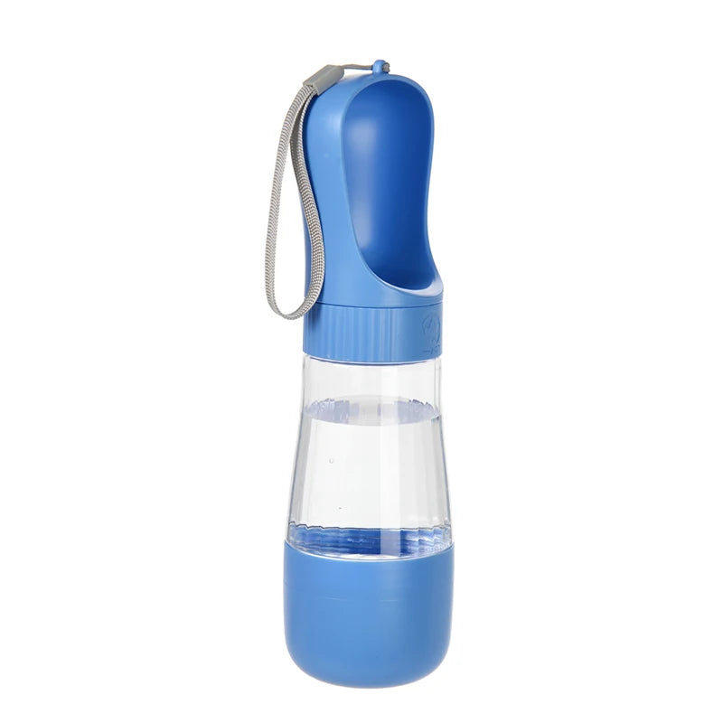 botella de agua para perros azul 330 ml  con deposito para comida 