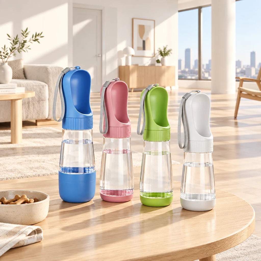 Cuatro botellas de agua para perros en azul, rosa, verde y blanco sobre una mesa de madera