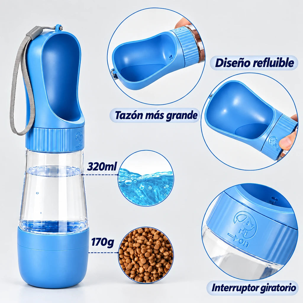 Botella de agua portátil para perros con dispensador de comida, medidas y capacidades
