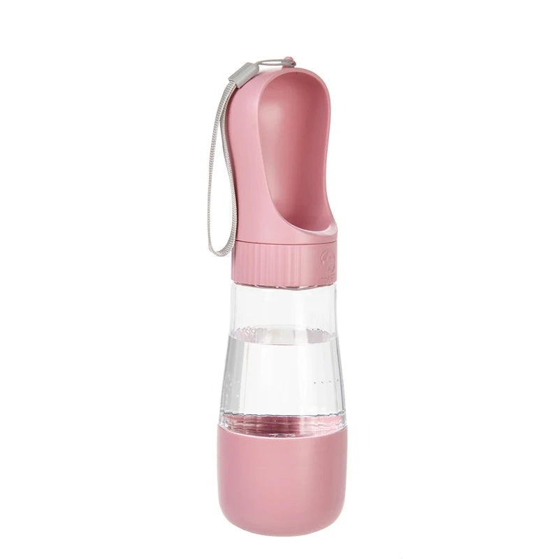 botella de agua para perros rosa  con deposito de comida 